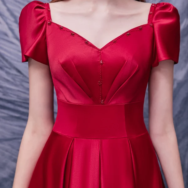 Vintage / Retro Red Satin Dancing Prom Dresses 2020 A-Line / Princess Square Neckline Short Sleeve Beading Floor-Length / Long Ruffle Backless Formal Dresses