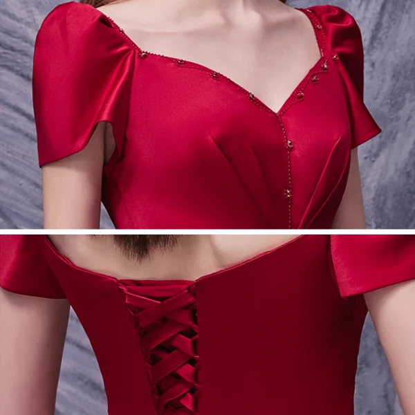 Vintage / Retro Red Satin Dancing Prom Dresses 2020 A-Line / Princess Square Neckline Short Sleeve Beading Floor-Length / Long Ruffle Backless Formal Dresses
