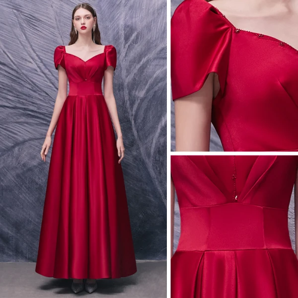 Vintage / Retro Red Satin Dancing Prom Dresses 2020 A-Line / Princess Square Neckline Short Sleeve Beading Floor-Length / Long Ruffle Backless Formal Dresses