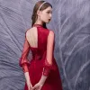 Vintage / Retro Red Dancing Prom Dresses 2020 A-Line / Princess See-through High Neck Puffy 3/4 Sleeve Sash Beading Floor-Length / Long Ruffle Backless Formal Dresses