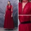 Vintage Rot Tanzen Ballkleider 2020 A Linie Durchsichtige Stehkragen Geschwollenes 3/4 Ärmel Stoffgürtel Perlenstickerei Lange Rüschen Rückenfreies Festliche Kleider