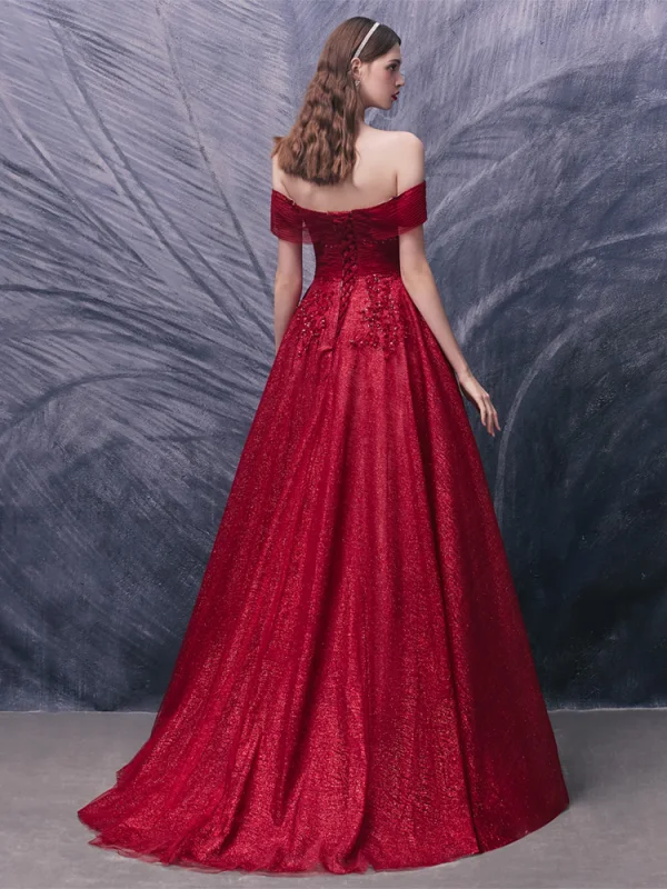 Schöne Rot Ballkleider 2020 A Linie Off Shoulder Kurze Ärmel Applikationen Spitze Pailletten Perlenstickerei Glanz Tülle Sweep / Pinsel Zug Rüschen Rückenfreies Festliche Kleider