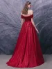Chic / Beautiful Red Prom Dresses 2020 A-Line / Princess Off-The-Shoulder Short Sleeve Appliques Lace Sequins Beading Glitter Tulle Sweep Train Ruffle Backless Formal Dresses