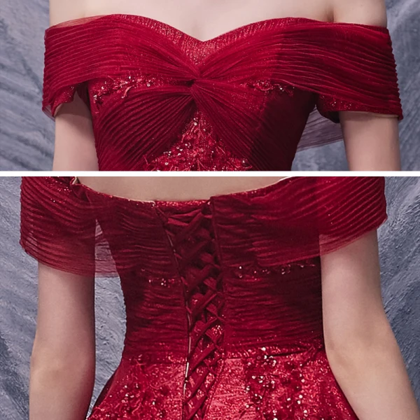 Schöne Rot Ballkleider 2020 A Linie Off Shoulder Kurze Ärmel Applikationen Spitze Pailletten Perlenstickerei Glanz Tülle Sweep / Pinsel Zug Rüschen Rückenfreies Festliche Kleider