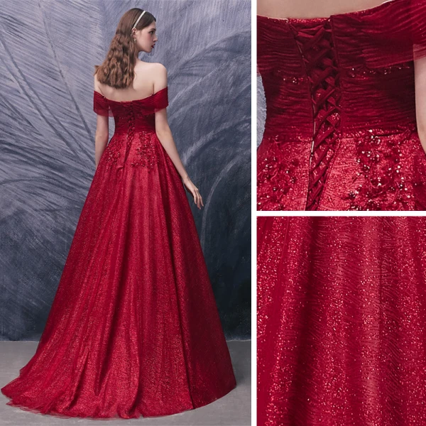 Schöne Rot Ballkleider 2020 A Linie Off Shoulder Kurze Ärmel Applikationen Spitze Pailletten Perlenstickerei Glanz Tülle Sweep / Pinsel Zug Rüschen Rückenfreies Festliche Kleider