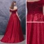 Schöne Rot Ballkleider 2020 A Linie Off Shoulder Kurze Ärmel Applikationen Spitze Pailletten Perlenstickerei Glanz Tülle Sweep / Pinsel Zug Rüschen Rückenfreies Festliche Kleider