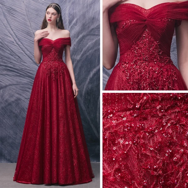 Schöne Rot Ballkleider 2020 A Linie Off Shoulder Kurze Ärmel Applikationen Spitze Pailletten Perlenstickerei Glanz Tülle Sweep / Pinsel Zug Rüschen Rückenfreies Festliche Kleider