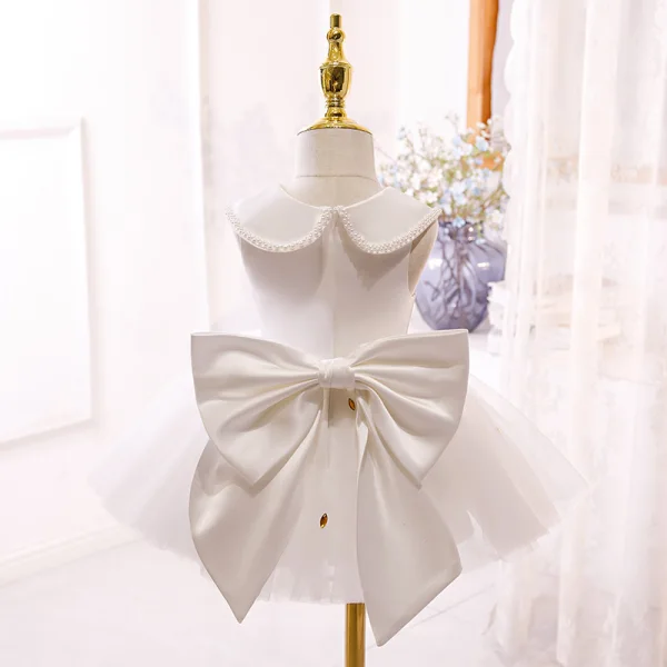 Lovely White Birthday Flower Girl Dresses 2020 Ball Gown Scoop Neck Sleeveless Bow Pearl Rhinestone Short Ruffle