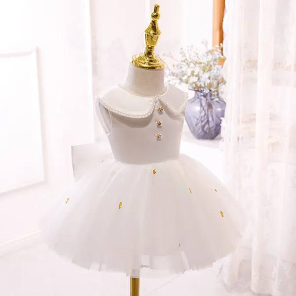 Lovely White Birthday Flower Girl Dresses 2020 Ball Gown Scoop Neck Sleeveless Bow Pearl Rhinestone Short Ruffle