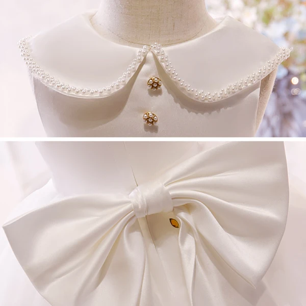 Lovely White Birthday Flower Girl Dresses 2020 Ball Gown Scoop Neck Sleeveless Bow Pearl Rhinestone Short Ruffle