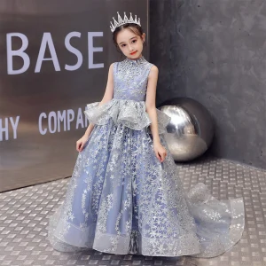 Charming Sky Blue Birthday Flower Girl Dresses 2020 Ball Gown High Neck Sleeveless Glitter Star Appliques Lace Sweep Train Ruffle