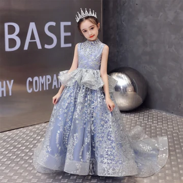 Charming Sky Blue Birthday Flower Girl Dresses 2020 Ball Gown High Neck Sleeveless Glitter Star Appliques Lace Sweep Train Ruffle