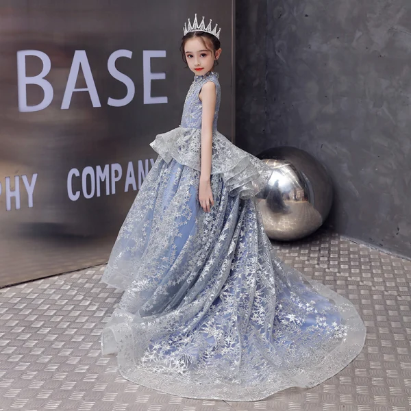 Charming Sky Blue Birthday Flower Girl Dresses 2020 Ball Gown High Neck Sleeveless Glitter Star Appliques Lace Sweep Train Ruffle