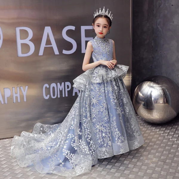 Charming Sky Blue Birthday Flower Girl Dresses 2020 Ball Gown High Neck Sleeveless Glitter Star Appliques Lace Sweep Train Ruffle