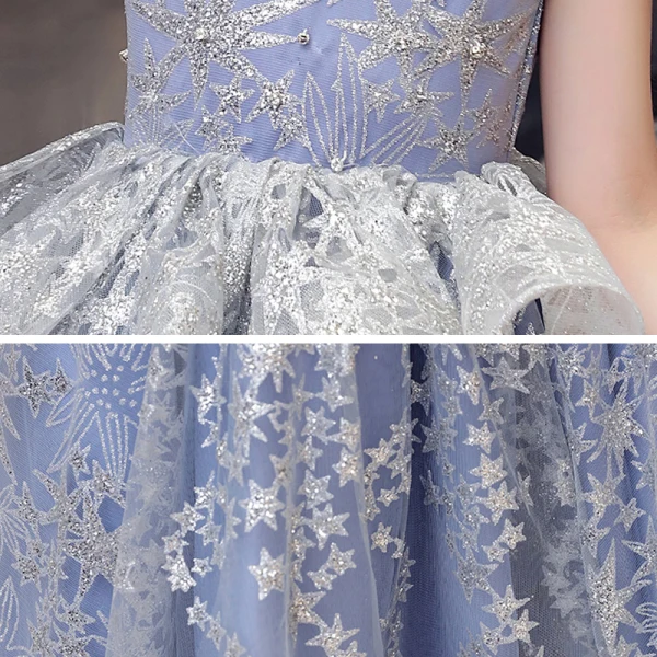 Charming Sky Blue Birthday Flower Girl Dresses 2020 Ball Gown High Neck Sleeveless Glitter Star Appliques Lace Sweep Train Ruffle