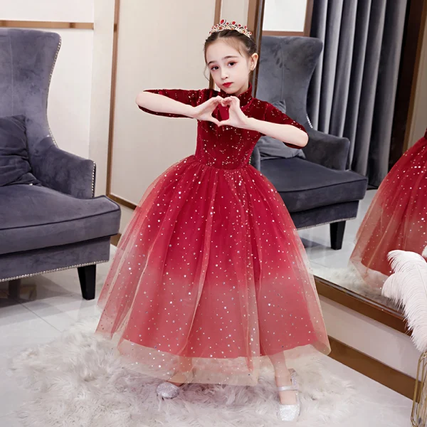 Chic / Beautiful Red Birthday Flower Girl Dresses 2020 Ball Gown See-through High Neck 1/2 Sleeves Star Sequins Floor-Length / Long Ruffle