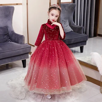 Chic Belle Rouge Anniversaire Robe Ceremonie Fille 2020 Robe Boule Transparentes Col Haut 1 2 Manches Étoile Paillettes Longue Volants