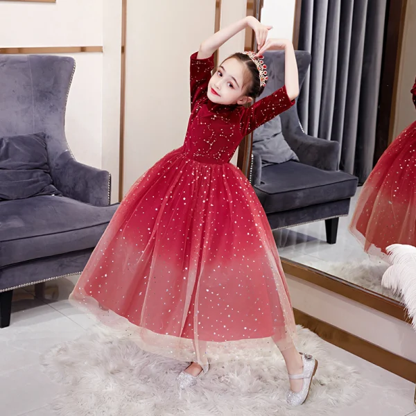 Chic / Beautiful Red Birthday Flower Girl Dresses 2020 Ball Gown See-through High Neck 1/2 Sleeves Star Sequins Floor-Length / Long Ruffle