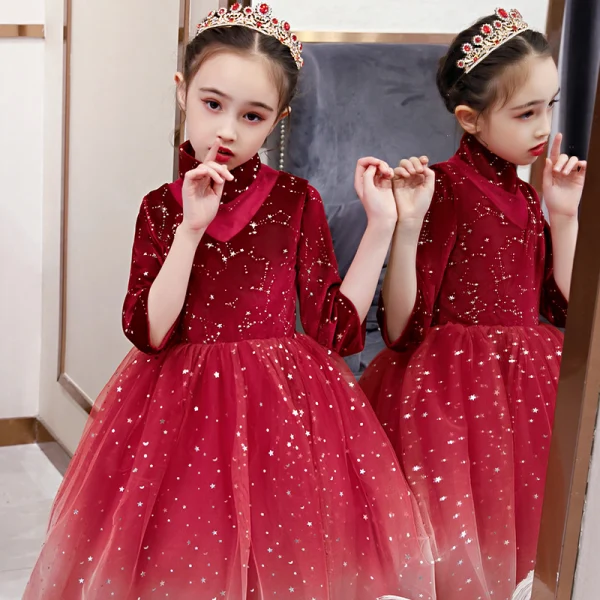 Chic / Beautiful Red Birthday Flower Girl Dresses 2020 Ball Gown See-through High Neck 1/2 Sleeves Star Sequins Floor-Length / Long Ruffle