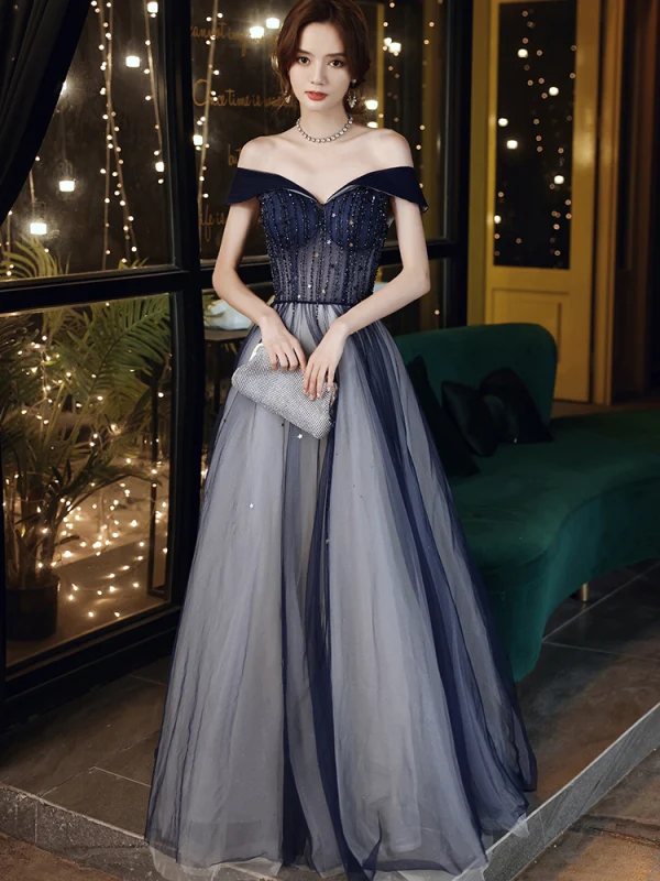 Illusion Bleu Marine Transparentes Dansant Robe De Bal 2020 Princesse De l'épaule Manches Courtes Perlage Glitter Tulle Longue Volants Dos Nu Robe De Ceremonie