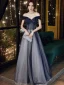 Illusion Bleu Marine Transparentes Dansant Robe De Bal 2020 Princesse De l'épaule Manches Courtes Perlage Glitter Tulle Longue Volants Dos Nu Robe De Ceremonie