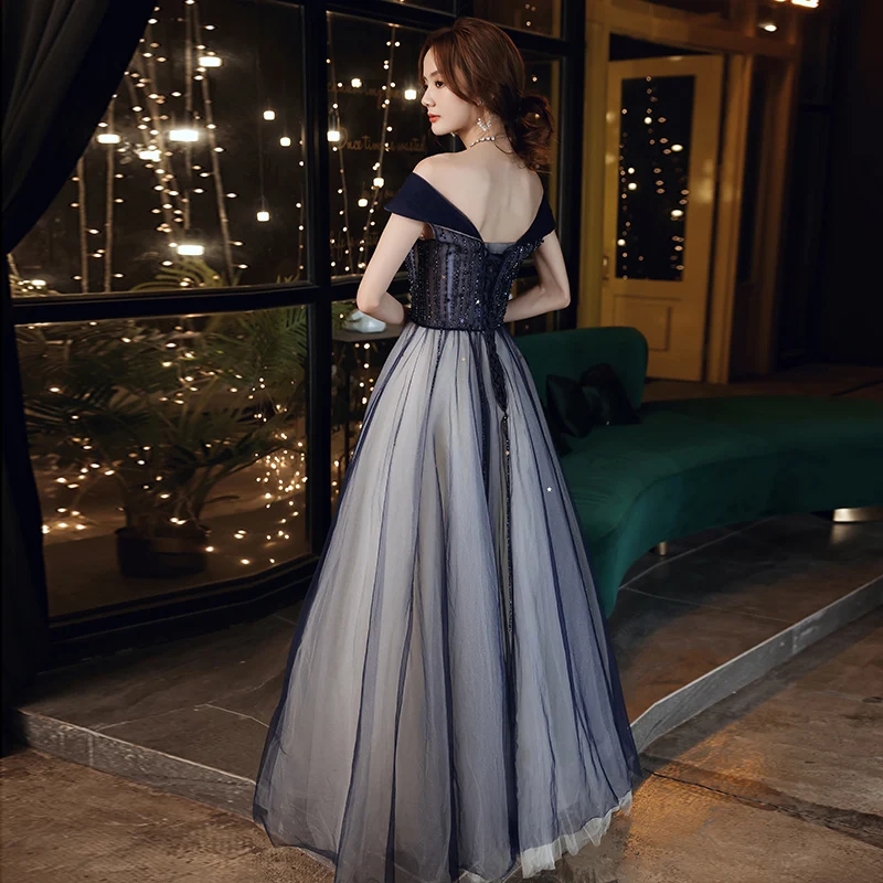 Illusion Navy Blue See-Through Dancing Prom Dresses 2020 A-Line Princess Short Sleeve