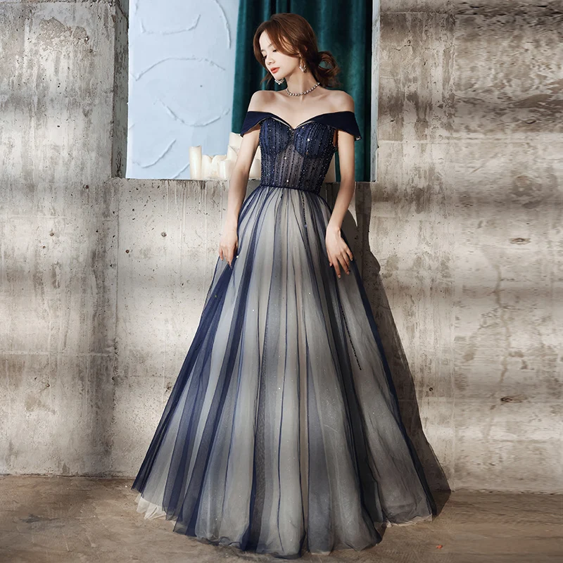 navy blue dress for baby girl Elegant Princess Off-The-Shoulder A-Line Ball Gown Wedding Dress with Long Sleeves main image 1