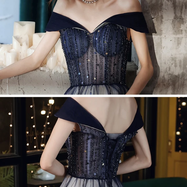 Illusion Bleu Marine Transparentes Dansant Robe De Bal 2020 Princesse De l'épaule Manches Courtes Perlage Glitter Tulle Longue Volants Dos Nu Robe De Ceremonie