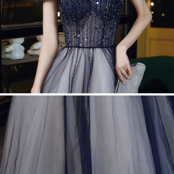 Illusion Bleu Marine Transparentes Dansant Robe De Bal 2020 Princesse De l'épaule Manches Courtes Perlage Glitter Tulle Longue Volants Dos Nu Robe De Ceremonie