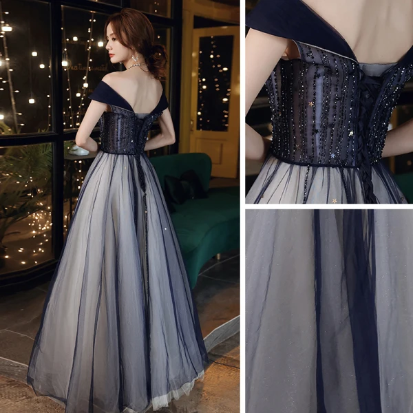 Illusion Bleu Marine Transparentes Dansant Robe De Bal 2020 Princesse De l'épaule Manches Courtes Perlage Glitter Tulle Longue Volants Dos Nu Robe De Ceremonie