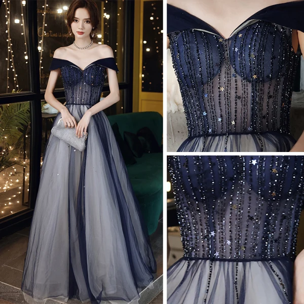 Illusion Bleu Marine Transparentes Dansant Robe De Bal 2020 Princesse De l'épaule Manches Courtes Perlage Glitter Tulle Longue Volants Dos Nu Robe De Ceremonie