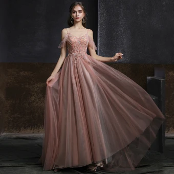 Elegant Pearl Pink Evening Dresses 2020 A Line Princess Spaghetti Straps Short Sleeve Beading Pearl Floor Length Long Ruffle Backless Formal Dresses