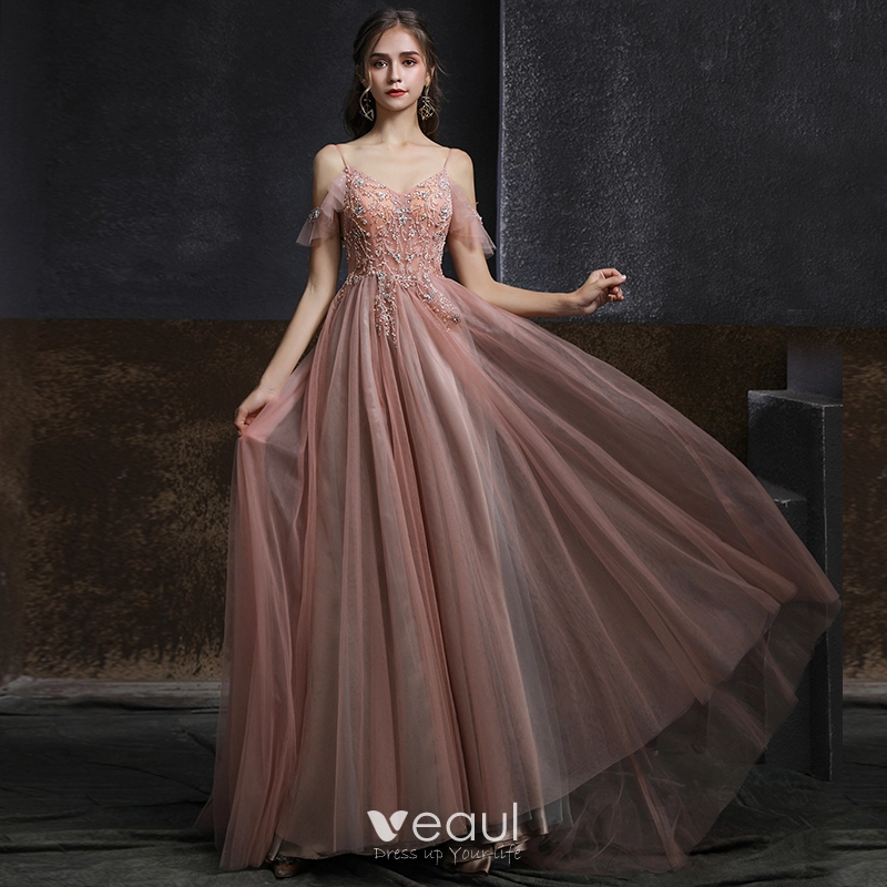 Elegant Pearl Pink Evening Dresses 2020 A Line Princess Spaghetti Straps Short Sleeve Beading Pearl Floor Length Long Ruffle Backless Formal Dresses