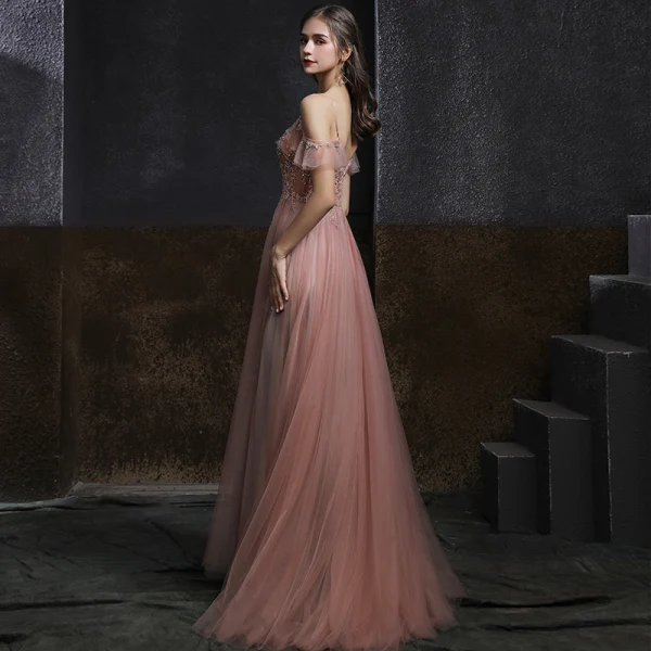 Elegante Pearl Rosa Abendkleider 2020 A Linie Spaghettiträger Kurze Ärmel Perlenstickerei Perle Lange Rüschen Rückenfreies Festliche Kleider