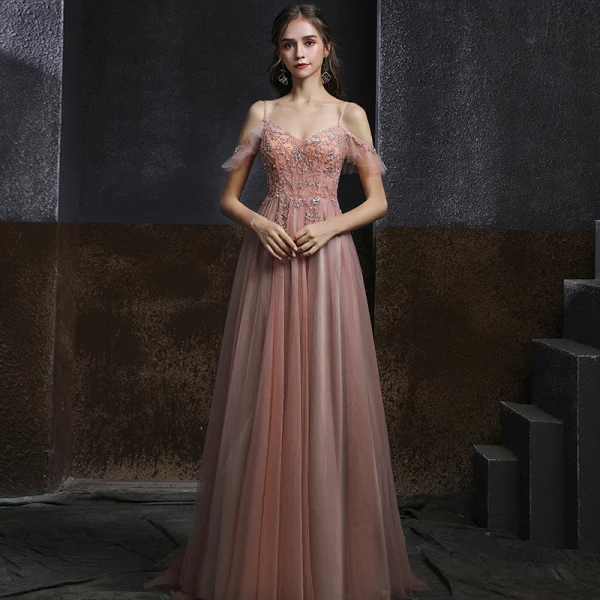 Elegante Pearl Rosa Abendkleider 2020 A Linie Spaghettiträger Kurze Ärmel Perlenstickerei Perle Lange Rüschen Rückenfreies Festliche Kleider