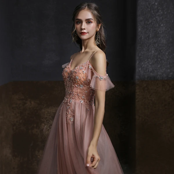 Elegante Pearl Rosa Abendkleider 2020 A Linie Spaghettiträger Kurze Ärmel Perlenstickerei Perle Lange Rüschen Rückenfreies Festliche Kleider