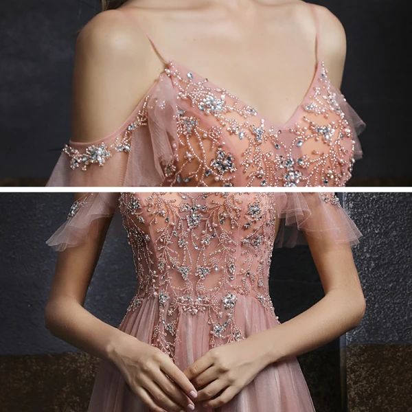 Elegante Pearl Rosa Abendkleider 2020 A Linie Spaghettiträger Kurze Ärmel Perlenstickerei Perle Lange Rüschen Rückenfreies Festliche Kleider