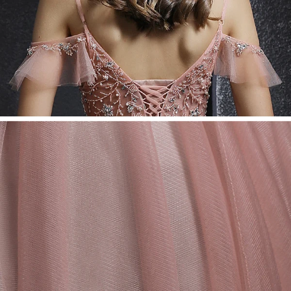 Elegante Pearl Rosa Abendkleider 2020 A Linie Spaghettiträger Kurze Ärmel Perlenstickerei Perle Lange Rüschen Rückenfreies Festliche Kleider