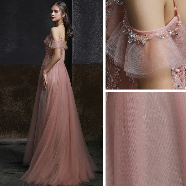 Elegante Pearl Rosa Abendkleider 2020 A Linie Spaghettiträger Kurze Ärmel Perlenstickerei Perle Lange Rüschen Rückenfreies Festliche Kleider