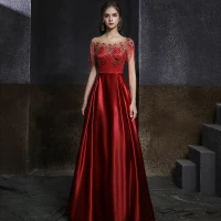 High-end Burgundy See-through Satin Evening Dresses  2020 A-Line / Princess Scoop Neck Sleeveless Beading Rhinestone Floor-Length / Long Ruffle Backless Formal Dresses