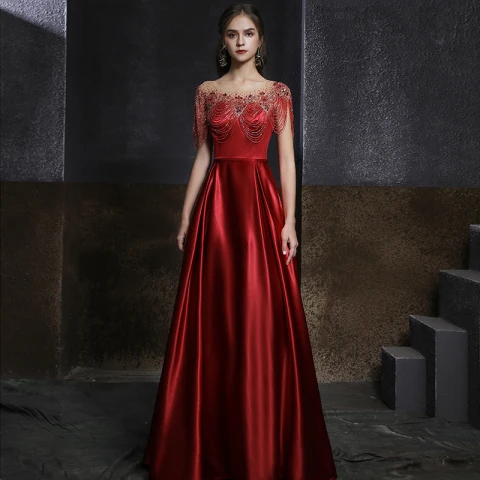 High-end Burgundy See-through Satin Evening Dresses  2020 A-Line / Princess Scoop Neck Sleeveless Beading Rhinestone Floor-Length / Long Ruffle Backless Formal Dresses