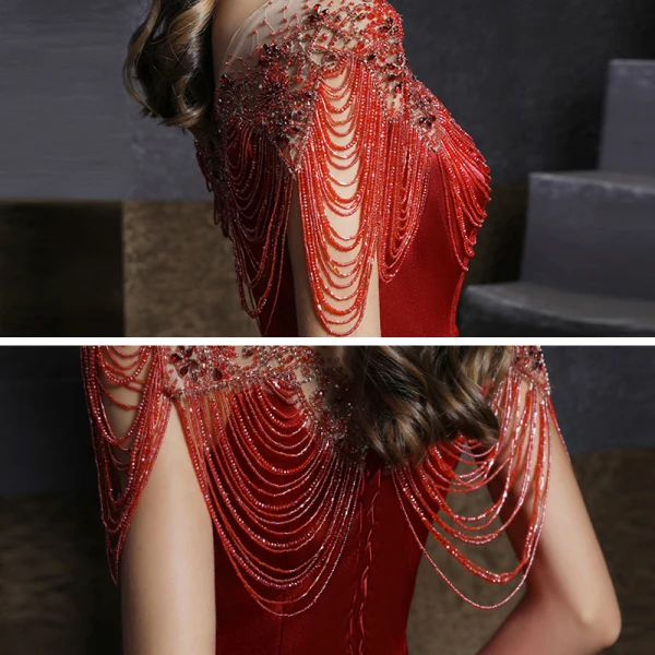 Haut de Gamme Bordeaux Transparentes Satin Robe De Soirée 2020 Princesse Encolure Dégagée Sans Manches Perlage Faux Diamant Longue Volants Dos Nu Robe De Ceremonie