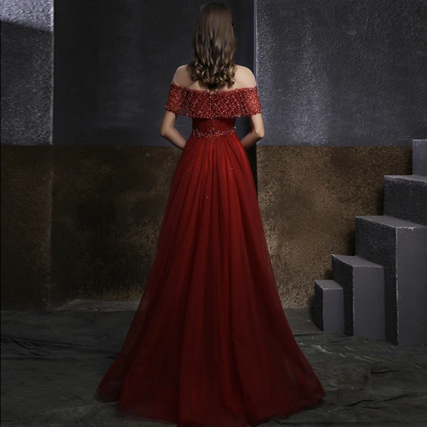 Elegant Burgundy See-through Evening Dresses  2020 A-Line / Princess High Neck Short Sleeve Beading Sequins Floor-Length / Long Ruffle Formal Dresses