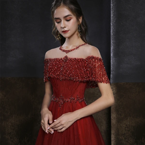 Elegant Burgundy See-through Evening Dresses  2020 A-Line / Princess High Neck Short Sleeve Beading Sequins Floor-Length / Long Ruffle Formal Dresses