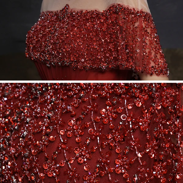 Elegant Burgundy See-through Evening Dresses  2020 A-Line / Princess High Neck Short Sleeve Beading Sequins Floor-Length / Long Ruffle Formal Dresses