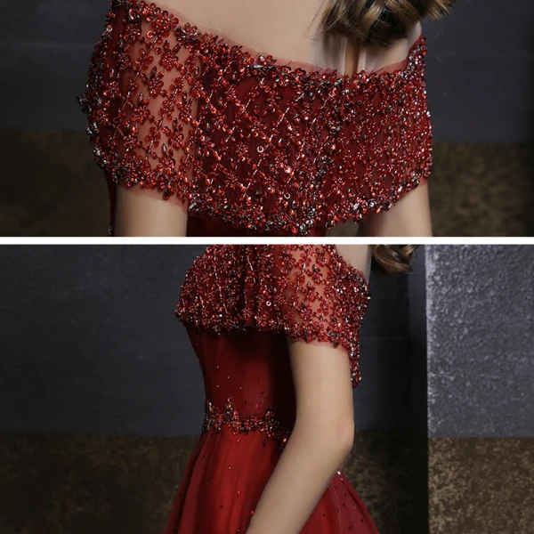 Elegant Burgundy See-through Evening Dresses  2020 A-Line / Princess High Neck Short Sleeve Beading Sequins Floor-Length / Long Ruffle Formal Dresses