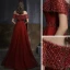 Elegant Burgundy See-through Evening Dresses  2020 A-Line / Princess High Neck Short Sleeve Beading Sequins Floor-Length / Long Ruffle Formal Dresses