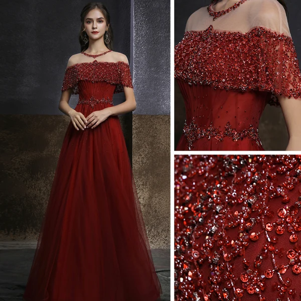 Elegant Burgundy See-through Evening Dresses  2020 A-Line / Princess High Neck Short Sleeve Beading Sequins Floor-Length / Long Ruffle Formal Dresses