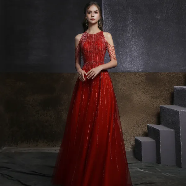 Chic / Beautiful Red Engagement Prom Dresses 2020 A-Line / Princess Scoop Neck Sleeveless Beading Sequins Floor-Length / Long Ruffle Formal Dresses