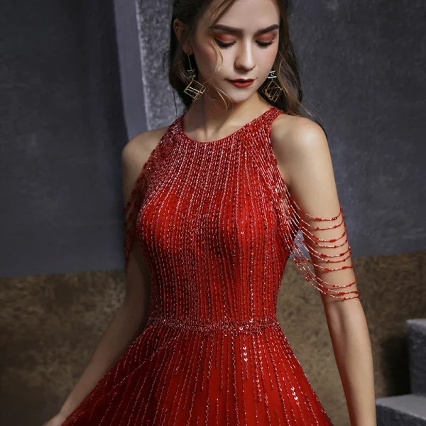Chic / Beautiful Red Engagement Prom Dresses 2020 A-Line / Princess Scoop Neck Sleeveless Beading Sequins Floor-Length / Long Ruffle Formal Dresses